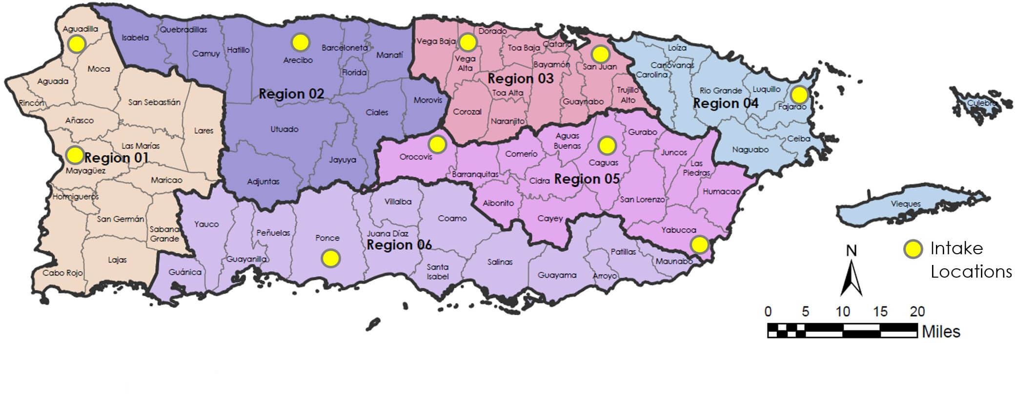 Puerto Rico Map with intake centers by region