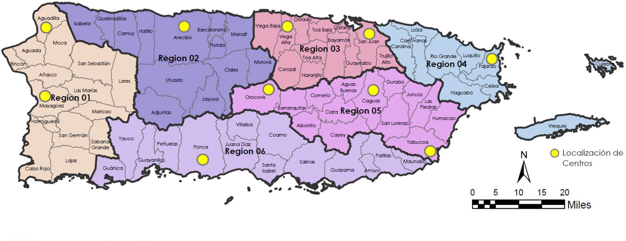 Mapa de Puerto Rico con las oficinas por regiones.